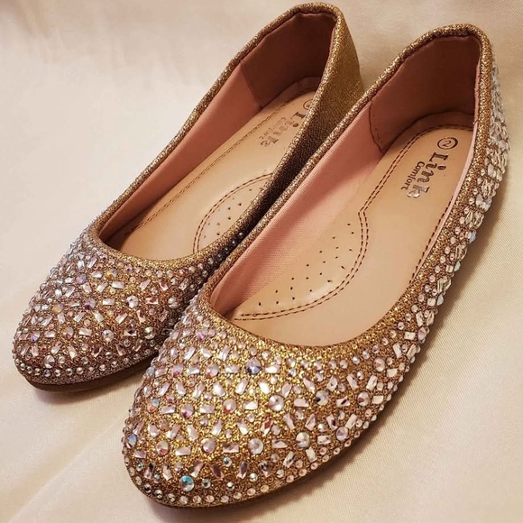 Girl's 2 Link Comfort Gold w/ Rhinestones Ballet Flat - Picture 1 of 8